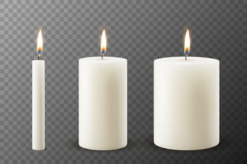 Vector 3D Realistic Paraffin Wax Burning Party Spa Candle and Burning Flame Set Closeup Isolated. Candle, Candle Flame Design Template for Relaxation, Wellness, and Celebration Concept, Front View