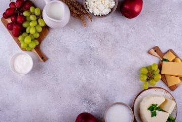 Judaic holiday Shavuot concept. Tzfat cheese and dairy products