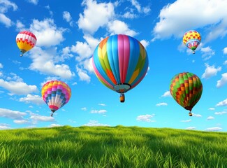 Obraz premium Colorful hot air balloons flying over a green grassy field against a blue sky with white clouds