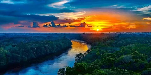 Obraz premium Sunset over river flowing through lush forest A picturesque view. Concept Nature photography, Sunset scenes, Rivers and forests, Landscape beauty, Scenic views