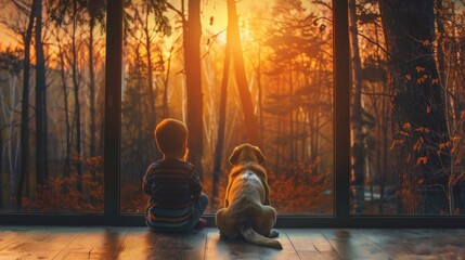 Fototapeta premium Back view of a little kid sit with a dog by window with beautiful view of Autumn foliage