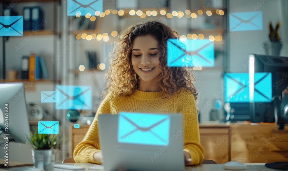 Wall mural A happy young woman reading an email from a company at her office desk