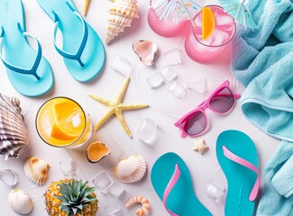 Flat lay of summer beach accessories on a white background, blue and pink flip flops, a pineapple cocktail with orange juice and ice cubes