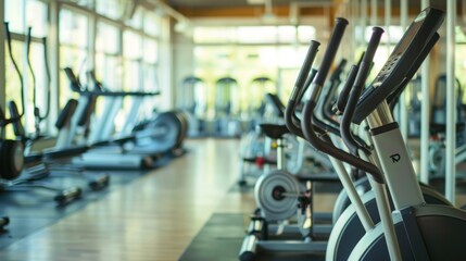 A row of stationary bikes in a modern fitness center with large windows, ready for a workout.