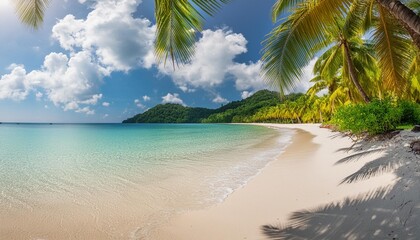 tropical island paradise sea beach ocean water green coconut palm tree leaves sand sun blue sky cloud beautiful nature panorama landscape caribbean maldives thailand summer holidays vacation