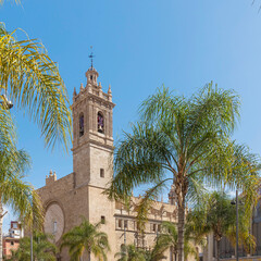 Valencia, Spain - March 24, 2024: A glimpse of the historic Church of Santos Juanes, also called the Iglesia de los Santos Juanes. Square frame.