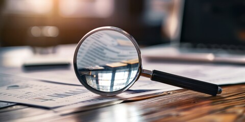 Magnifying Glass on Desk - Business Tool for Market Research and Analysis. Business Control over quotes and shares. Market research. Trader.