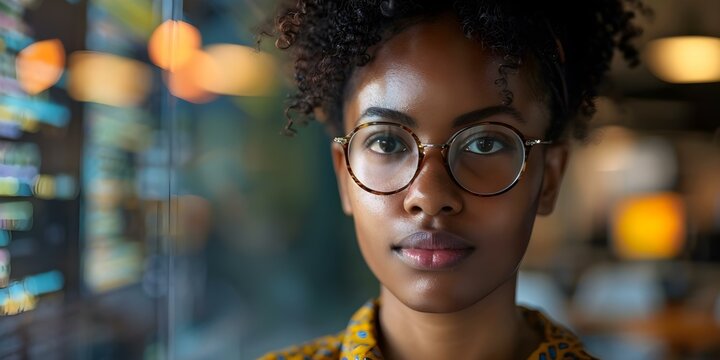 Committed Afro woman programmer specializing in software development. Concept Afro woman in tech, Software development, Commitment, Programming, Career goals