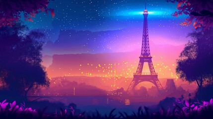 Eiffel Tower at twilight with a vibrant sky, city lights, and surrounding foliage in purple hues.