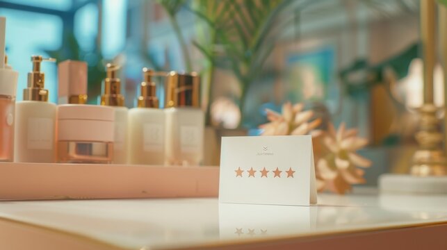A white card with five gold stars rests on a white counter in front of a display of beauty products. The card suggests a positive customer review.