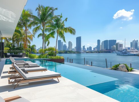 Luxurious Miami home with pool and view of the city skyline, in the background is Bayside Beach with boats docked.