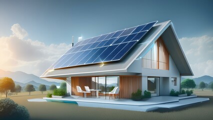 Fototapeta premium Smart Home with alternative electrical energy. House with a solar panel system on the roof, against the backdrop of the mountains. Concept: solar energy sources.