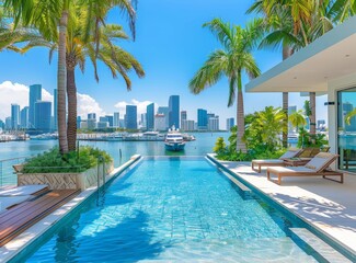 Fototapeta premium Luxurious Miami home with pool and view of the city skyline, in the background is Bayside Beach with boats docked.