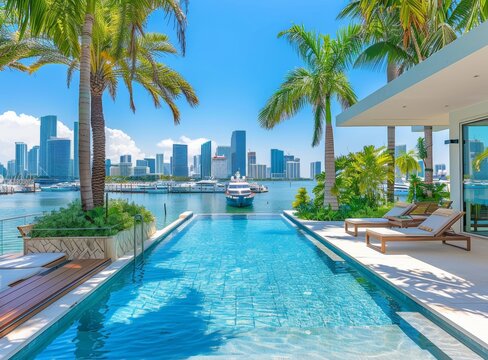 Luxurious Miami home with pool and view of the city skyline, in the background is Bayside Beach with boats docked.
