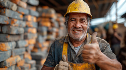 senior  Smiling satisfied worker in working clothes, with helmet and hardhat standing in factory and showing okay sign.  - Powered by Adobe