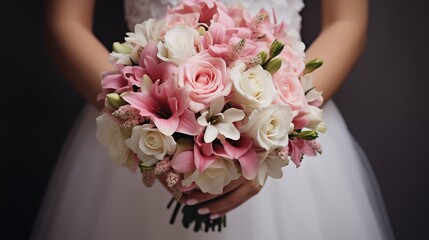 Beautiful wedding bouquet in hands of the bride. Bouquet of rose flowers, close up
