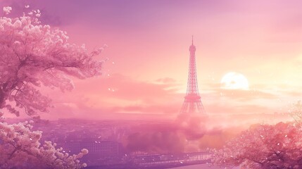 Parisian sunset with cherry blossoms framing the Eiffel Tower, bathed in pink and purple hues.