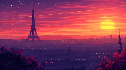 Scenic cityscape at sunset with vibrant colors, glowing lights, and towering structures.