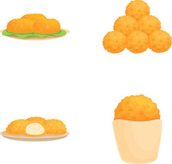 Set of four illustrated fish roe dishes on plates and in a bowl, isolated on white