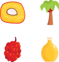 Colorful set of tropical icons featuring a ripe mango, palm tree, red grapes, and a bottle of oil