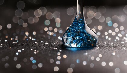 gota de vidro colorido semi e em fundo preto com glitter azul fotografia em close up de uma peca similar a um liquido de alta viscosidade pingando com glitter azul