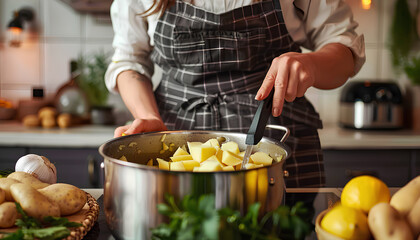 Woman putting peeled potato in pot at table in kitchen