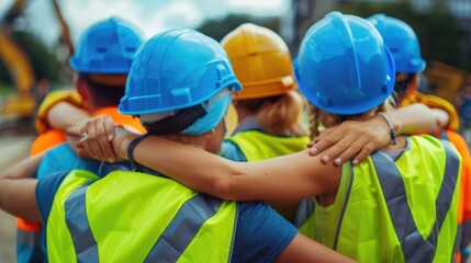 Construction workers wearing hard hats and safety vests, embracing each other at a construction site. AIG535