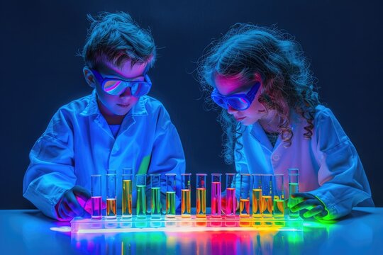 Two cute kids in lab coats and safety glasses mixing colorful liquids together with test tubes