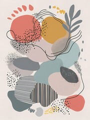 This modern abstract botanical art piece features a vibrant blend of earthy tones and organic shapes, creating a stylish and contemporary design. The illustration combines elements of nature with abst