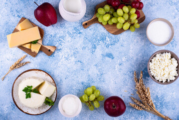 Judaic holiday Shavuot concept. Tzfat cheese and dairy products