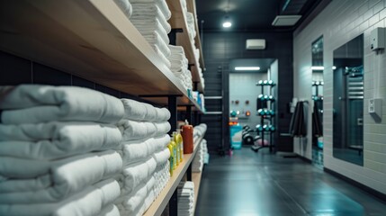 Obraz premium A row of wooden shelves in a modern gym are filled with stacks of fresh white towels.