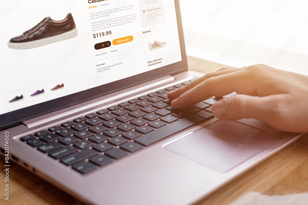 Poster Hands on keyboard searching for modern shoes. E-commerce interface concept. Seamless digital shopping experience for shoe enthusiasts