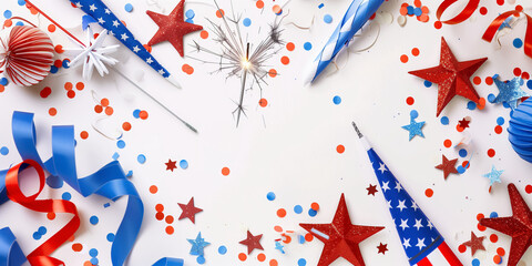 Obraz premium Flat Lay of Fourth of July Decorations on White Background with Copy Space - Independence Day Setup - Red White Blue - Fourth July Celebration - American Flag Decorations 
