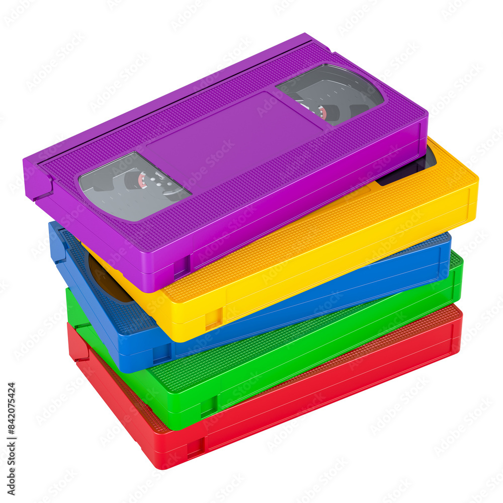 Poster stack of colored vhs videotapes, 3d rendering isolated on transparent background