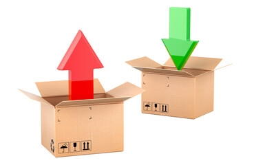 Sending and receiving the parcel, concept. Cardboard boxes with incoming green arrow and outgoing red arrow, 3D rendering isolated on transparent background