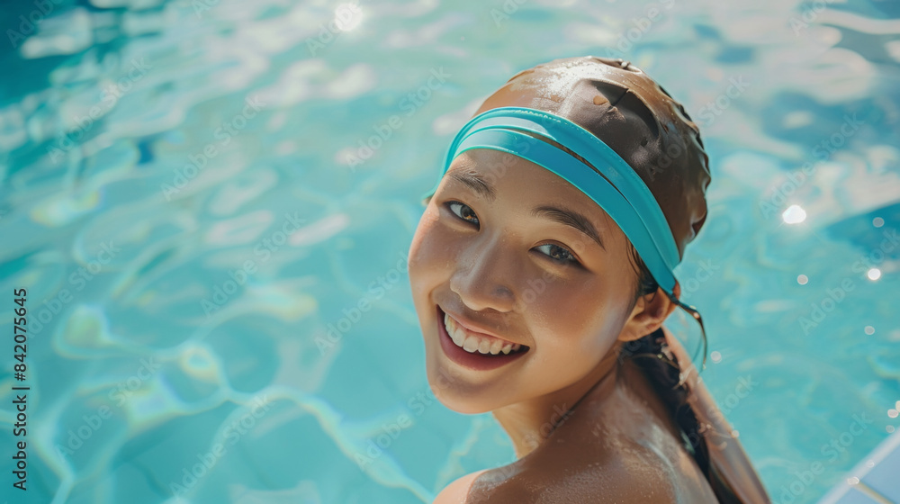 Wall mural portrait of a smiling female swimmer in water in pool