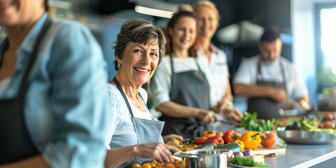 Old woman takes part in cooking class