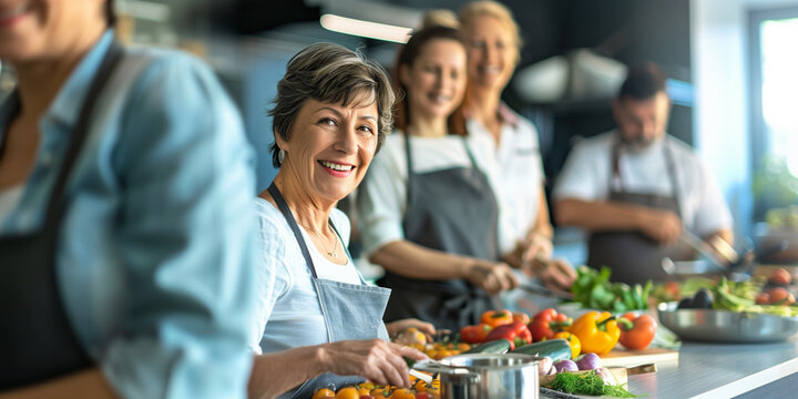 Old woman takes part in cooking class