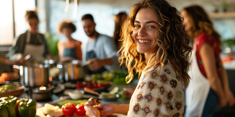Junge Frau nimmt an Kochkurs teil