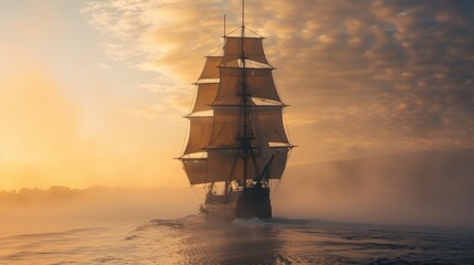 Sailing ship in sea water at sunset.
