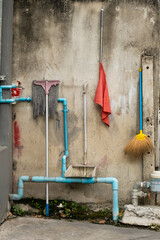 Still life elements of house cleaning on an urban environment, outdoor looking and street feeling
