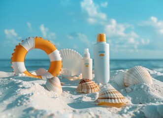 Sunscreen products on the beach with a blue sky and white sand, with an inflatable ring and shells in front.