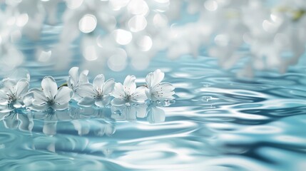 Serene White Cherry Blossoms Floating on Water, Tranquility and Nature Concept