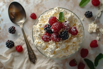 A bowl of cottage cheese with fresh berries on the side, closeup shot.