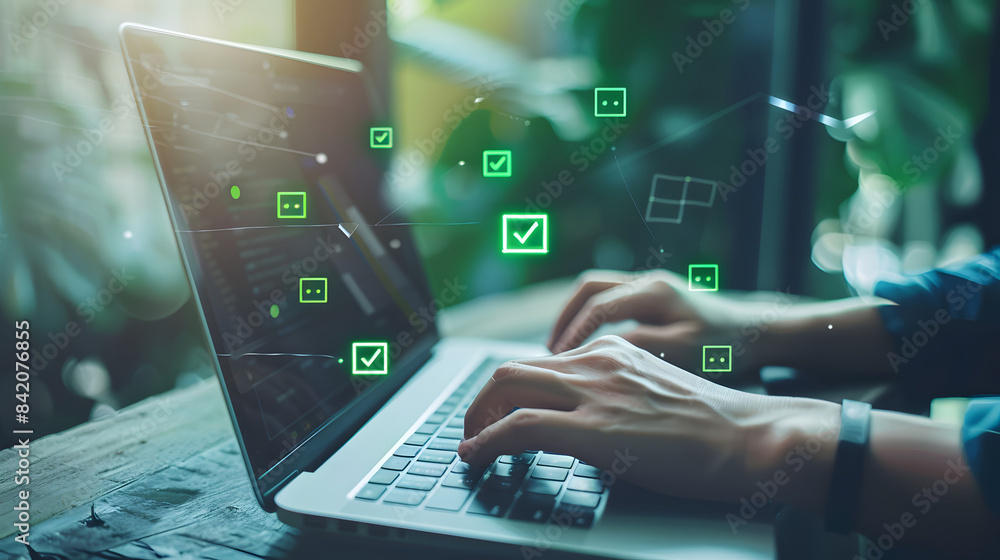 Poster a person typing on their laptop with green checkmark icons floating above the keyboard. attention to