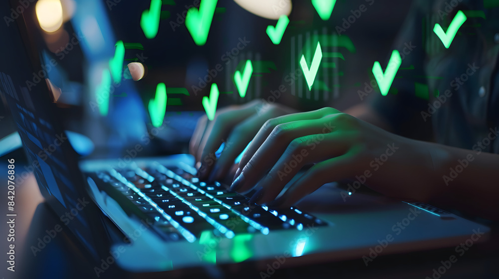Poster a person typing on their laptop with green checkmark icons floating above the keyboard. attention to