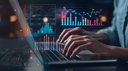 A person typing on their laptop with digital graphs and charts floating above it. representing the use of AI for data analysis in business strategy development 