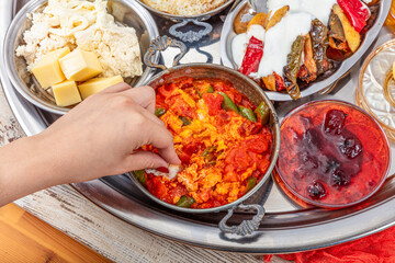 Traditional Turkish Breakfast Table (Serpme Kahvalti). Traditional Turkish village breakfast with...
