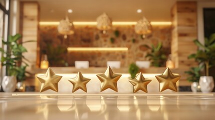 Five golden stars are displayed on a marble countertop in a hotel lobby. The stars represent excellence and quality, signifying a high-rated establishment.