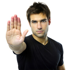 Fototapeta premium Man Holding Up Hand in Stop Gesture